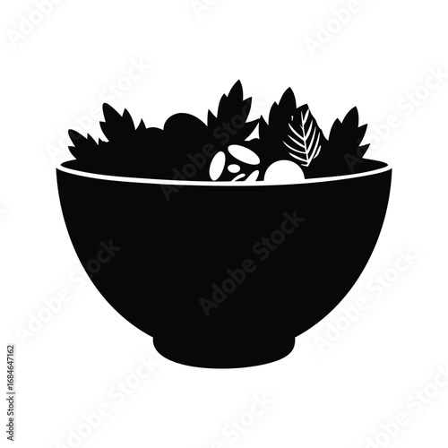 Black silhouette illustration of a bowl filled with fresh salad ingredients, vegan salad bowl silhouette vector illustration