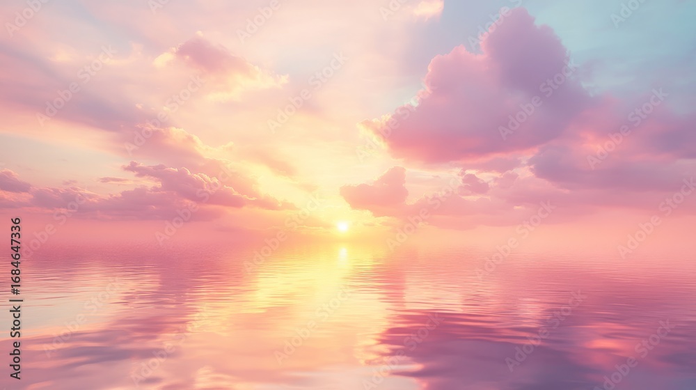 Obraz premium 55.A poetic sunrise scene with warm pastel tones illuminating the sky, casting a golden glow over the glassy surface of the water. The scattered clouds take on shades of pink and orange, their