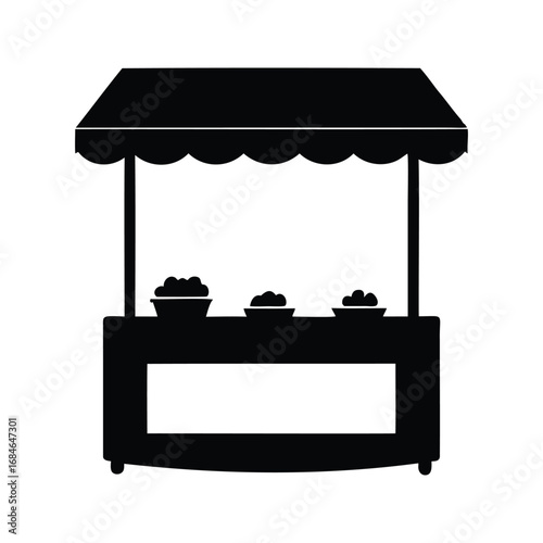 Silhouette of a market stall with bowls of food on top, vegan snack bar silhouette vector illustration