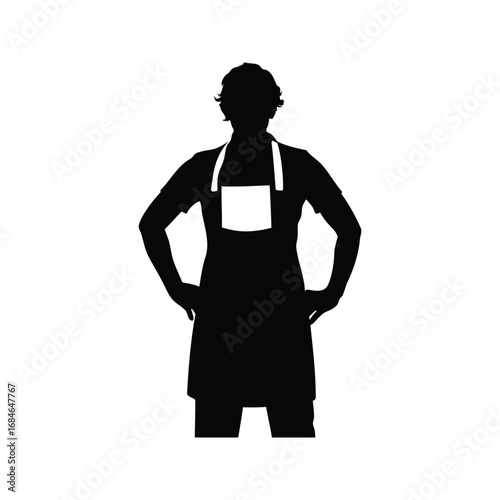 Silhouette of a person wearing an apron, hands on hips, in black, wearing workshop apron silhouette vector illustration