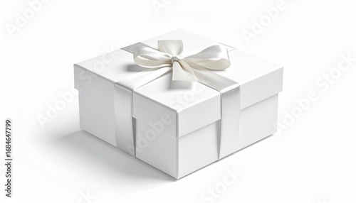 Elegant white gift box with matching ribbon bow, placed on clean surface, symbolizing celebration, surprise, or special occasion