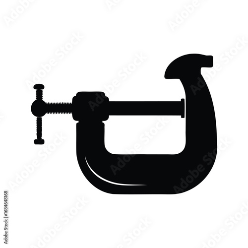 A sleek black silhouette of a classic Cclamp, commonly used in woodworking, using clamp silhouette vector illustration