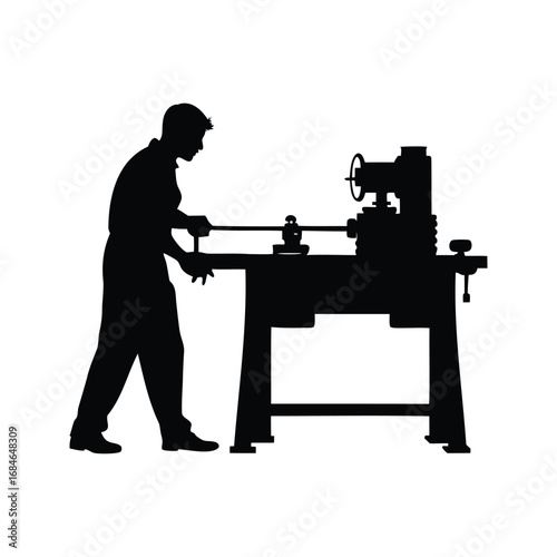 Silhouette of a craftsman using a woodworking lathe in a shop, using lathe machine silhouette vector illustration