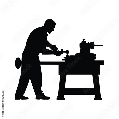 Silhouette of a craftsman operating a lathe in a workshop setting, using lathe machine silhouette vector illustration