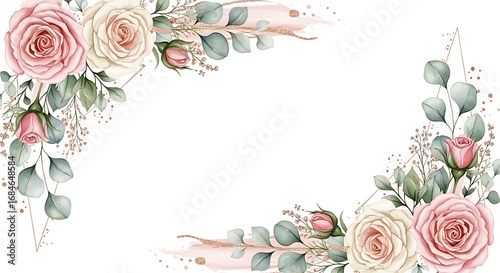 Watercolor Floral Arrangement with Roses, Eucalyptus, and Gold Accents on White Background