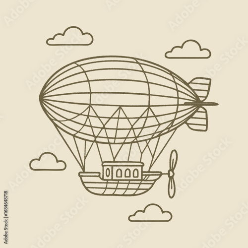 Vintage airship balloon with gondola among clouds
