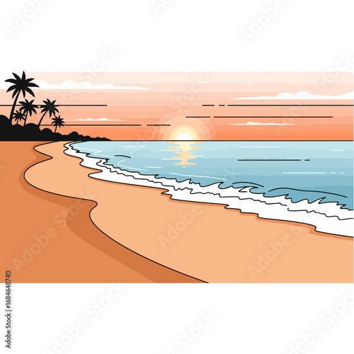 Beautiful view of the beach in the light of the sunset: This is ideal for posters, banners, or social media posts based on tourism, natural beauty, or romantic themes.