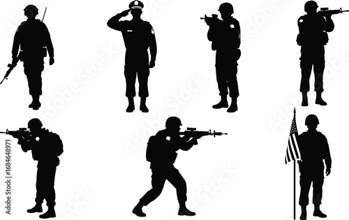 "Soldier Silhouettes – Rifle Poses, Salute, Crouch, Flag Holding, Combat Action, Military Stance, Patriotic Scene, Army Vector Icons"