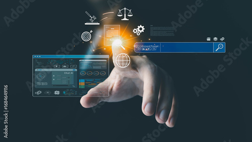 A person's hand touches a futuristic holographic interface, searching for legal and business data with AI technology. The virtual screen displays icons for law, targets, and data analysis.