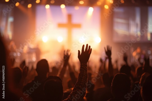 Christian worshipers raise hands in praise during a vibrant worship service held in a large church with dramatic lighting and a prominent cross in the background