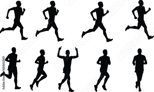 Silhouettes of a man running in different dynamic poses, showcasing athletic motion, jogging, fitness, and exercise activity on white background.
