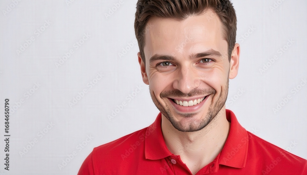Obraz premium A portrait of a happy man wearing a red shirt, smiling and filled with confidence. Capturing the essence of genuine joy and positive emotions.