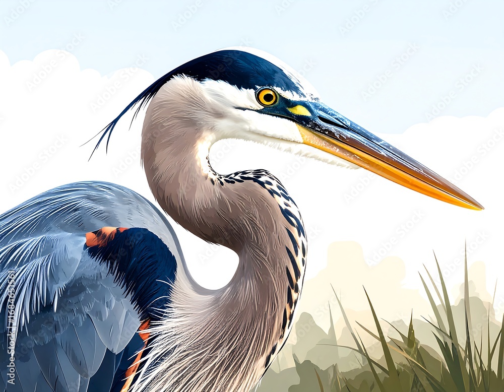 Fototapeta premium Detailed close-up of a great blue heron, showcasing its elegant plumage and sharp features against a soft, natural background.