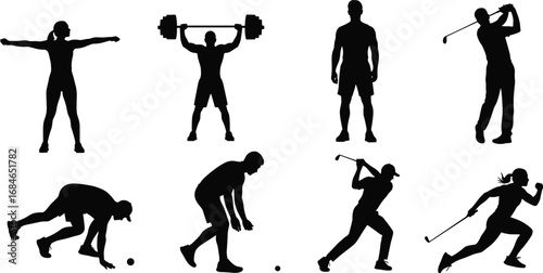 "Vector Silhouettes of Athletes in Action – Diverse Sports and Fitness Poses Including Golf, Weightlifting, Running, and Stretching"