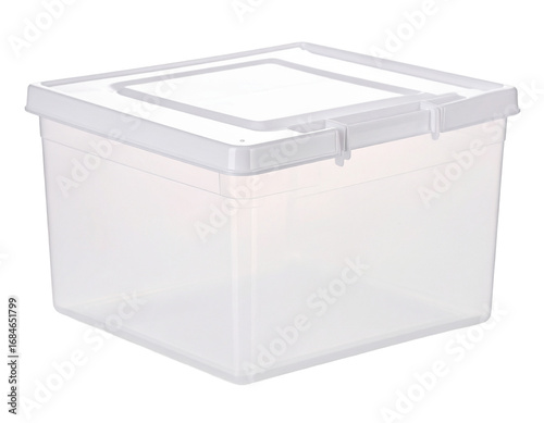 A simple transparent plastic container with a lid, a common household storage item, isolated on a white background.