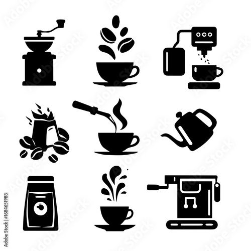 Coffee preparation icons showing grinder beans cup kettle bag and machine in a simple black and white vector illustration style