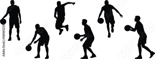 Silhouettes of Basketball Players in Action Poses Dribbling, Passing, Shooting, and Jumping Isolated on White Background Vector Illustration
