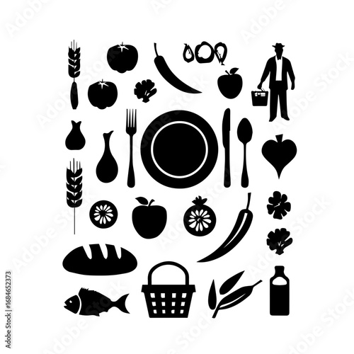 Black and white graphic illustration of a farmer's market showcasing fresh produce and local goods in a simple yet elegant design ideal for food blogs