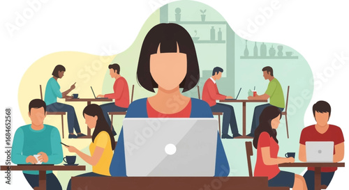 Diverse people working on laptops and smartphones in a bustling cafe, representing remote work, freelancing, and digital connectivity in a modern lifestyle setting.
