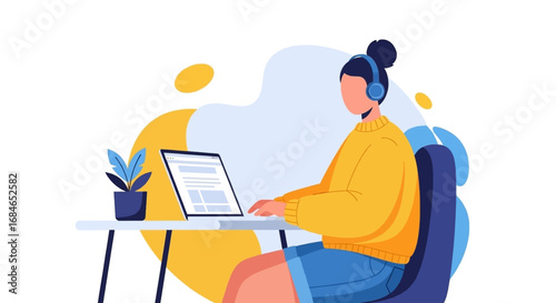 Focused individual with headphones engaged in remote work or online learning on a laptop at a desk. Ideal for concepts of productivity, digital communication, and virtual collaboration.