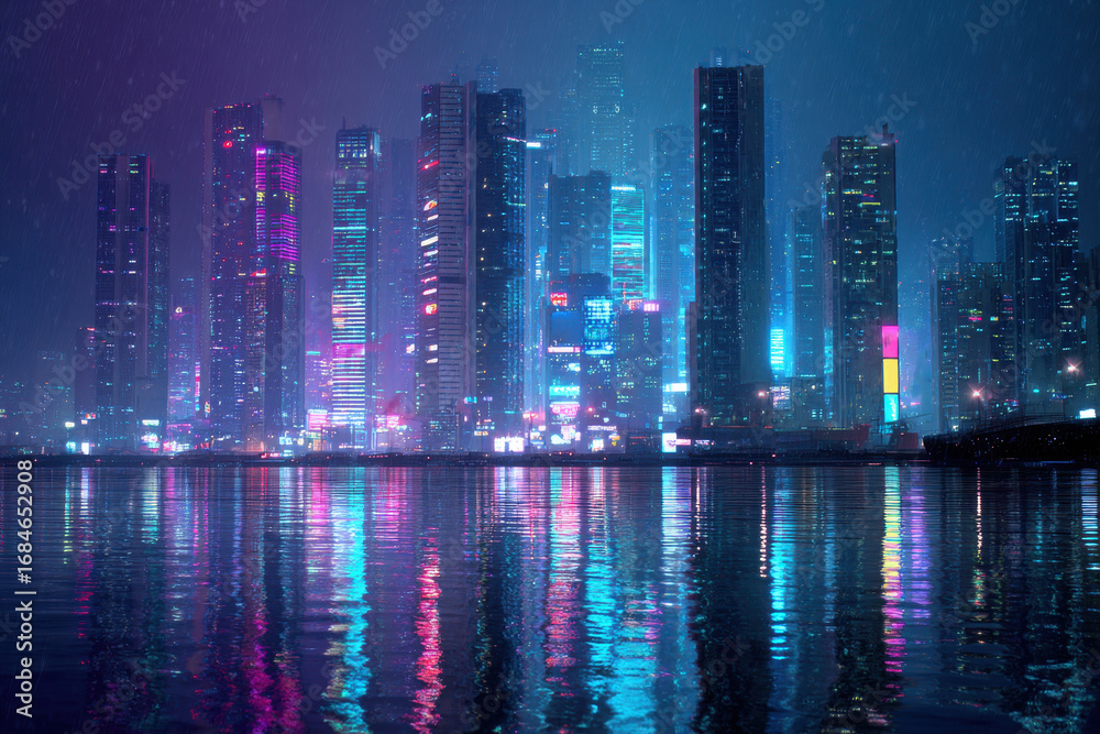 Fototapeta premium Vibrant cyberpunk cityscape illuminated by neon lights reflecting on water at night