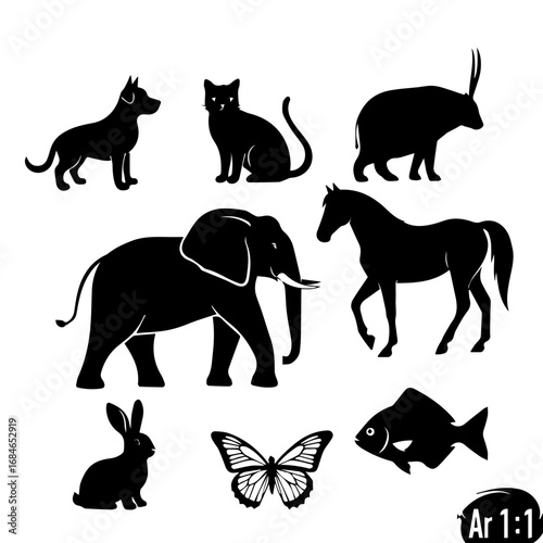 Silhouette collection of diverse animals including a dog cat elephant horse rabbit butterfly fish and antelope against a white background