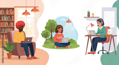 People working remotely from diverse locations – home office, living room, and outdoors – showcasing modern flexible work lifestyles and productivity.