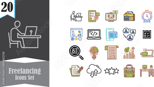 Freelancing Icon set featuring productivity and financial concepts