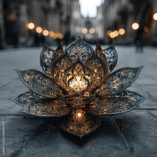 Ornate Metal Lotus Flower on Stone
