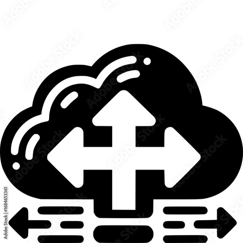 Cloud Computing Icon: A bold black icon of a cloud, featuring arrows pointing in multiple directions.