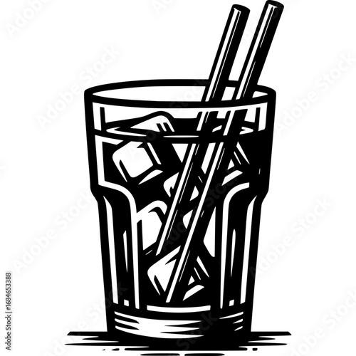 Refreshing Iced Drink: An artful depiction of a chilled beverage in a glass with ice cubes and straws, conveying a sense of refreshment.