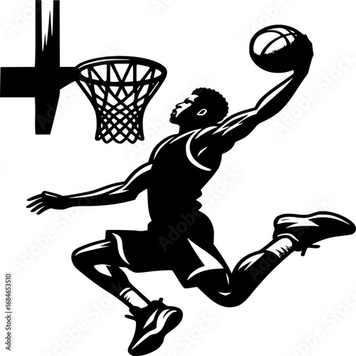 Sky-High Dunk: Dynamic silhouette of a basketball player soaring for a powerful dunk, capturing the essence of skill and athleticism. 