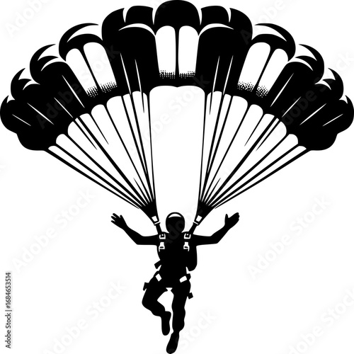 Skydiving Silhouette: A bold, black-and-white silhouette captures the thrill of skydiving, showcasing a person's freefall under a parachute.