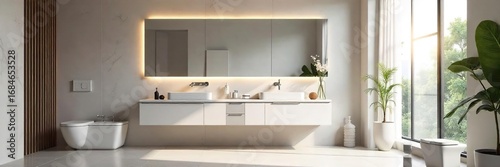 Modern minimalist bathroom featuring a large vanity mirror reflecting sleek fixtures and clean lines  The spacious room showcases contemporary design and high-end finishes ,  sleek,  white,  upscale