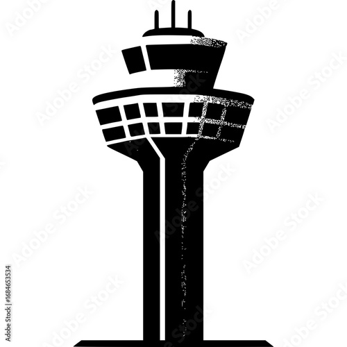 Airport Control Tower Silhouette: The airport control tower, a symbol of aviation and air travel, depicted in a simple, clean silhouette, stands tall against the sky.