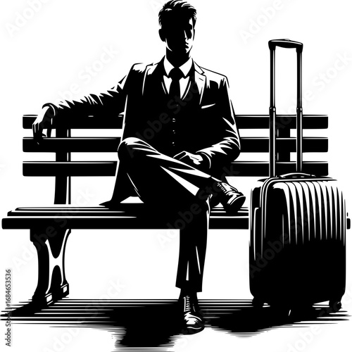 Traveler's Pause: An elegant monochrome image features a well-dressed figure, sitting on a bench beside his luggage, conveying a moment of repose or anticipation during travel.