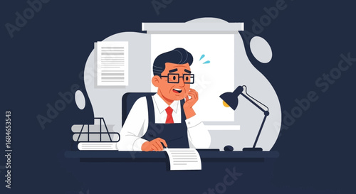 An anxious businessman or clerk is overwhelmed by paperwork and a heavy workload at his desk, highlighting stress and corporate challenges.