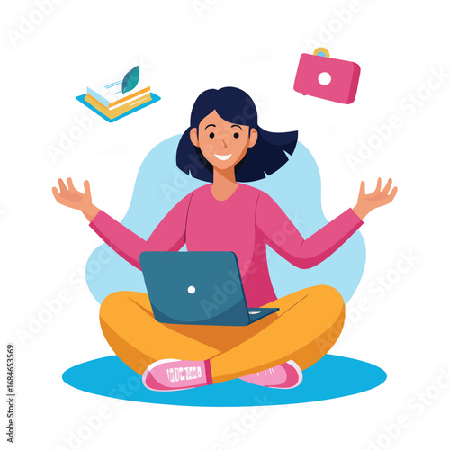 young happy woman ethnicity working in laptop at home