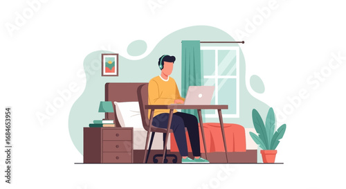 A person works remotely on a laptop in a cozy bedroom setting, wearing headphones for focus. Illustrates flexible work, online learning, or home-based business.