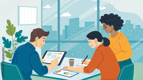 Diverse business team collaborating in a modern office, analyzing data and discussing strategy. Ideal for corporate, teamwork, or startup themes.