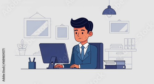 A focused businessman diligently works at his computer desk in a modern office environment, representing productivity and corporate tasks.