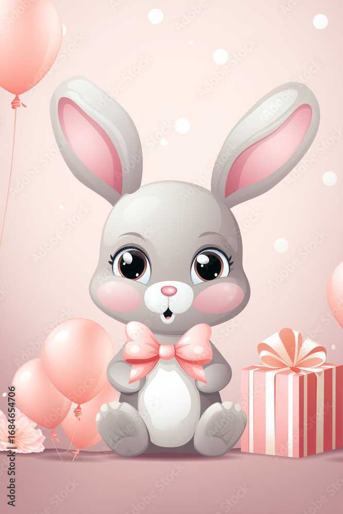 Fototapeta premium Cute bunny with pink bow and balloons
