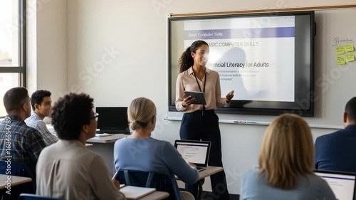 Wallpaper Mural A female instructor presenting a lesson to a group of students in a classroom setting, using a digital display. Torontodigital.ca