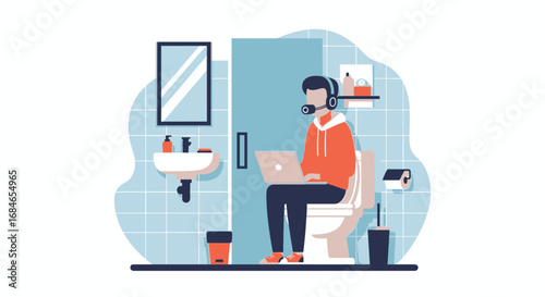 A focused man works on his laptop with a headset from a bathroom, symbolizing the blurred boundaries of remote work and dedication in unusual settings.