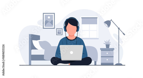 Person working remotely from home with laptop and headphones, sitting comfortably in a bedroom. Ideal for concepts like online learning or relaxed productivity.