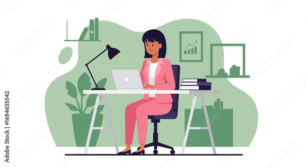 Fototapeta premium Professional woman working on a laptop at her modern desk in an office or home office setting. Represents remote work, productivity, and contemporary business lifestyle.