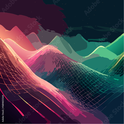 Abstract futuristic digital artwork showing luminous streams, glowing mesh patterns, and flowing energy currents in bold colors. High resolution, ultra detailed, cinematic perspective with depth of fi