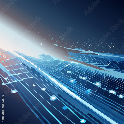 Abstract futuristic digital artwork showing luminous streams, glowing mesh patterns, and flowing energy currents in bold colors. High resolution, ultra detailed, cinematic perspective with depth of fi