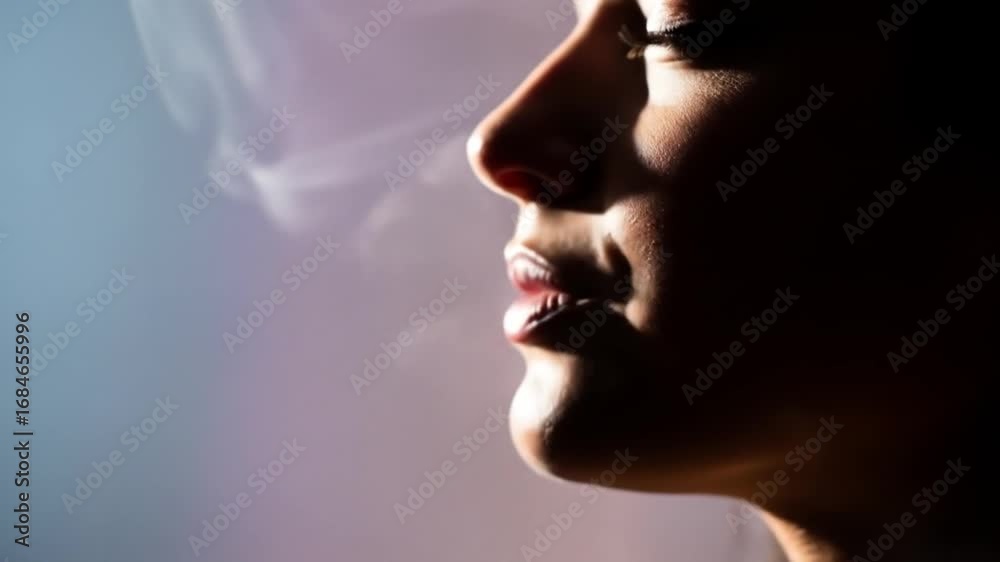 Profile of a person with soft lighting and smoke creating a serene atmosphere, evoking calmness Profile of a person with soft lighting and smoke creating a serene atmosphere, evoking calmness