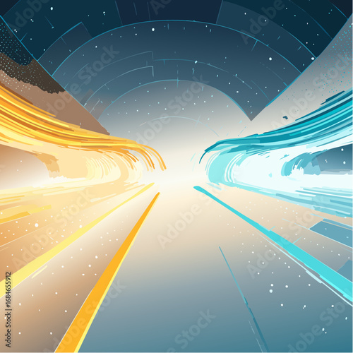 Abstract futuristic digital artwork showing luminous streams, glowing mesh patterns, and flowing energy currents in bold colors. High resolution, ultra detailed, cinematic perspective with depth of fi